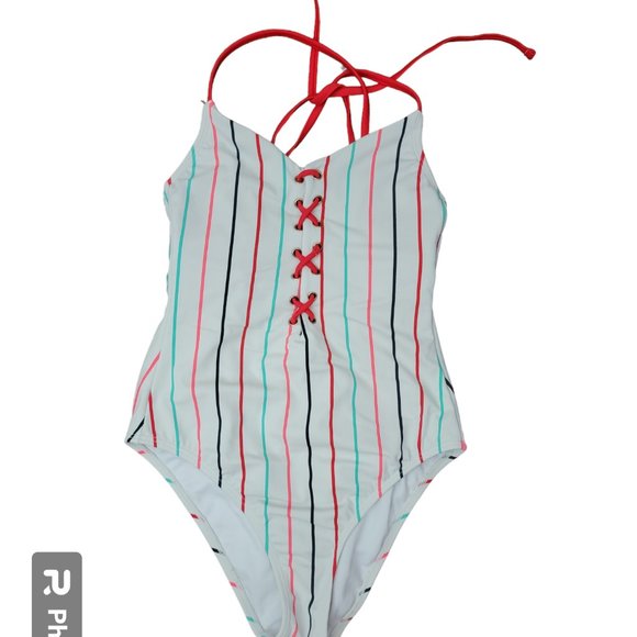 Xhilaration White Multi-Stripe Tank Swimsuit- Small - NWOT - Picture 1 of 8